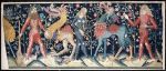 Tento drobný gobelín bol vyrobený vo Švajčiarsku medzi 1140 a 1460. Obaja muži majú červené chlpaté telo, blond dáma - modré chlpaté telo. Monštrá vedla sú zložené z častí jednotlivých zvierat. Bytosti su vo vzájomnom vzťahu
