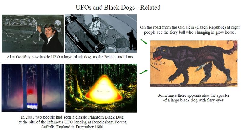 Uneseny anglicky policajt Alan Godfrey, videl vo vnútri UFO čierneho psa aky je popisovany v britských povestach / V roku 2001 dvaja ľudia videli klasickeho velkeho cerneho psa v lese Rendlesham (UK), v mieste pristátia UFO v Decembri 1980 / Na ceste od Starého Jičína býva v noci vidieť ohnivú guľu meniacu sa vo žeravého koňa. Niekedy sa tu zjavuje tiež prízrak veľkého čierneho psa s ohnivými očami