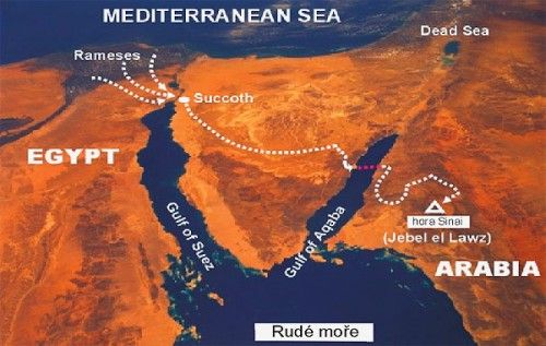 Mapa pochodu Židů z Egypta přes Rudé moře na horu Sinaj v Arábii.