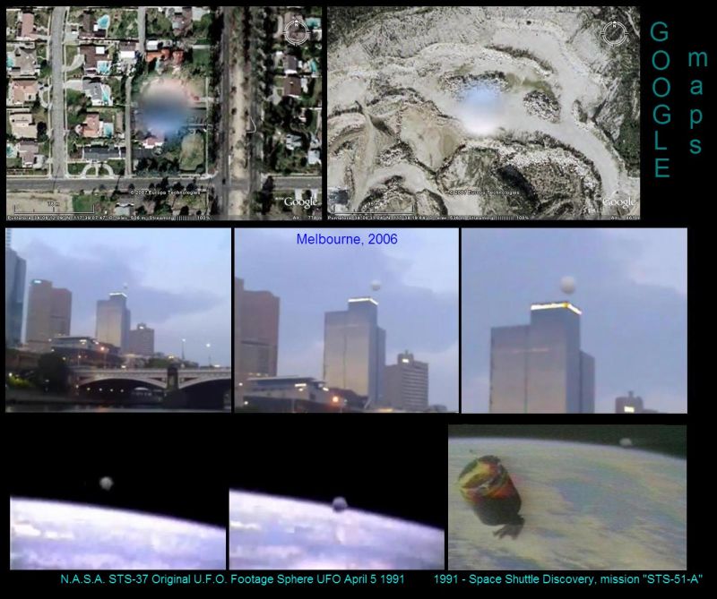 Fotky na ktorych podla mna su te same UFO. Tu su filmy: UFO Melbourne 2006 http://www.youtube.com/watch?v=DwUFUeNUsnw   *** N.A.S.A. STS-37 Original U.F.O. Footage Sphere UFO April 5 1991 http://www.youtube.com/watch?v=MmnukfsB5-U   *** 1991 - Space Shuttle Discovery, mission 