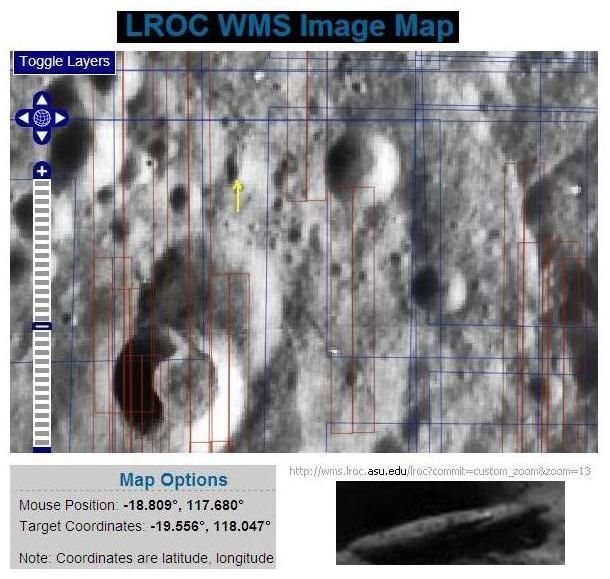 Misje LROC - obiekt ktory odfotil Apollo 15 a 17, najsel som na mape sondy LROC. Misje ta urobila mapy mesiaca z detailami do 1 metra, ale nie jsu dostupne pre nas. Na tych ktore su dostupne a ktore maju horsi kvalitu, aj tak vidiet to UFO v krateri. Musite tam vpisat tak ako na obrazke, aj dat v 