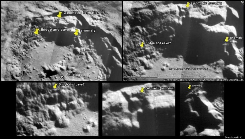 Na Google Earth - Moon, v jednom krateri Philolaus najsel som tri zahadne vecy: nieco co vyzera ako jaskinie a most, geometricku formaciu a esce jednu anomaliu